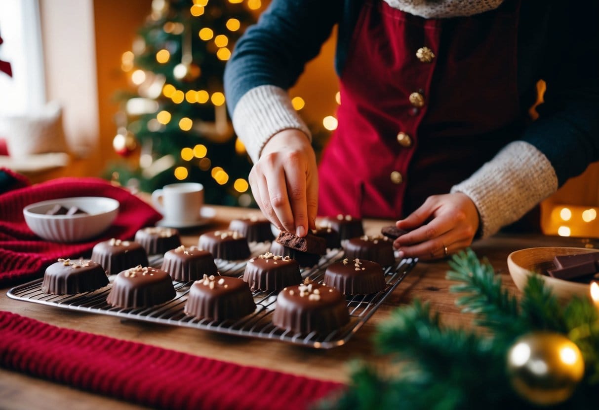 En hyggelig decemberscene med en person der tilfører et personligt præg til en portion chokoladegodter omgivet af festlige dekorationer og varm belysning