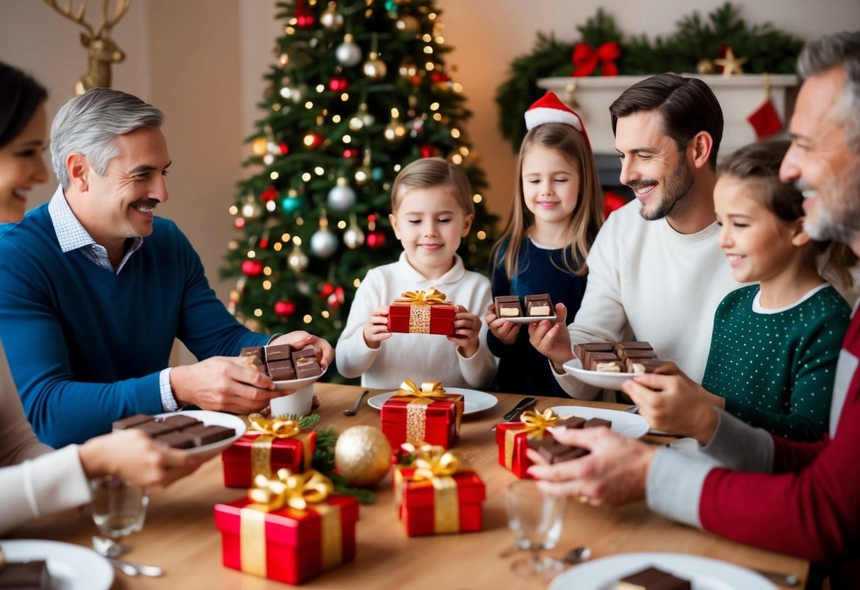 En familie samles omkring et festligt bord og udveksler personlige chokoladegaver til jul